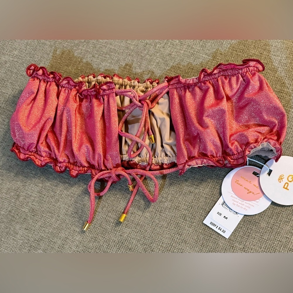 PQ SWIM REMI RUCHED BANDEAU Tie Top Glimmer Red Size Medium Stunning LUX NWT - Picture 7 of 14